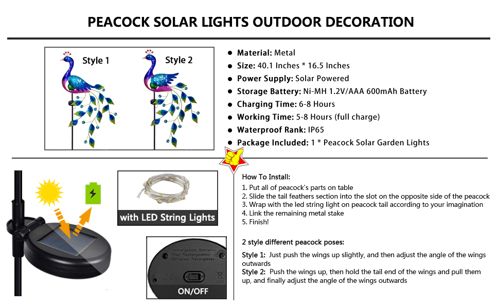 Peacock Solar Lights Outdoor Decorative Garden Stake Lights