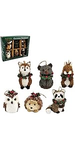 Nature Vibe Sisal Woodland Animals Christmas Tree Ornaments,Set of 6 Natural Forest Friends with ...